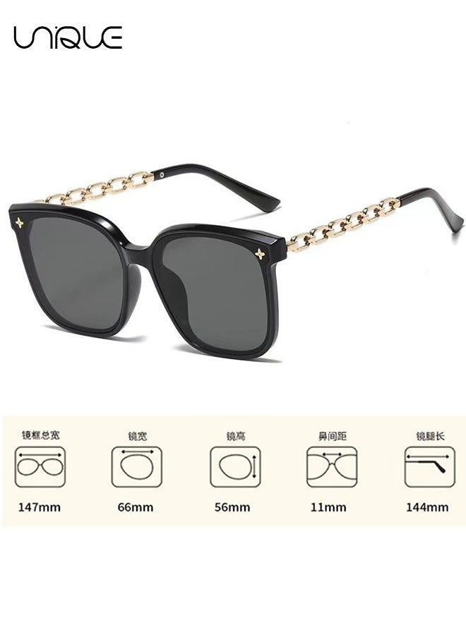 Unique Sun Glasses - Oversized Square Sun Glasses Women's Large Frame Metal Chain Arm UV Protective Glasses (Black) - Image 2