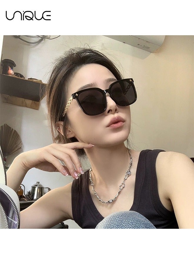 Unique Sun Glasses - Oversized Square Sun Glasses Women's Large Frame Metal Chain Arm UV Protective Glasses (Black) - Image 5
