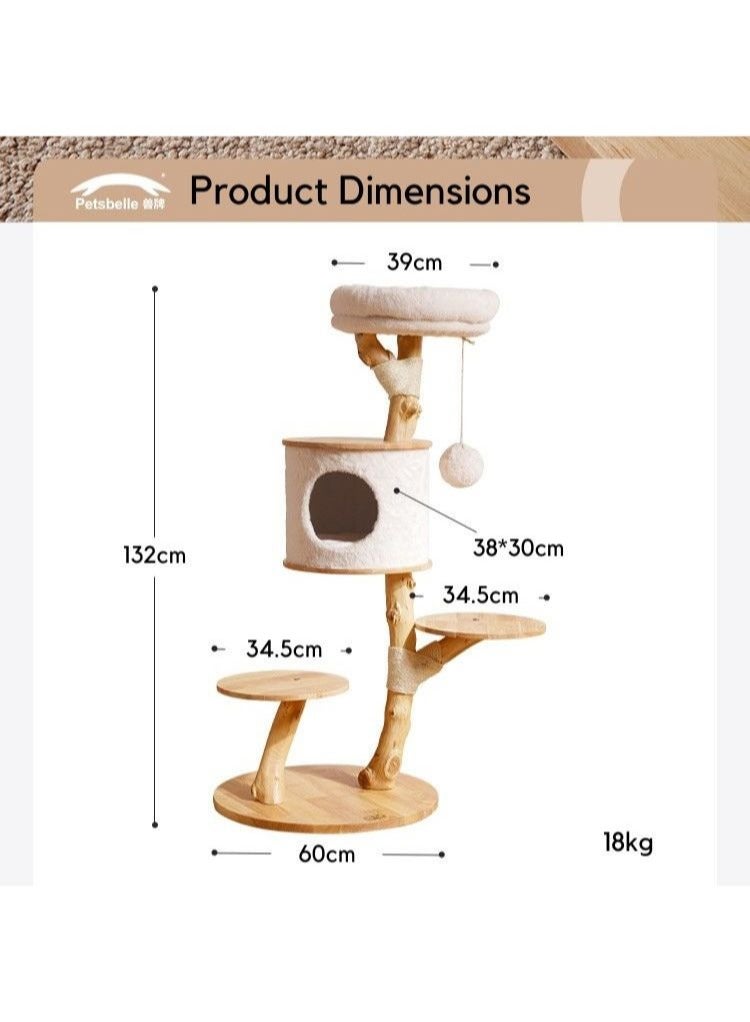 SOPAPETS High-End Large Cat Tree Tower, Premium Rubber Wood, Scratching Posts, Cat Condo, Cat Bed, Removable Soft Cushion, Super Stable (60*60*132cm)