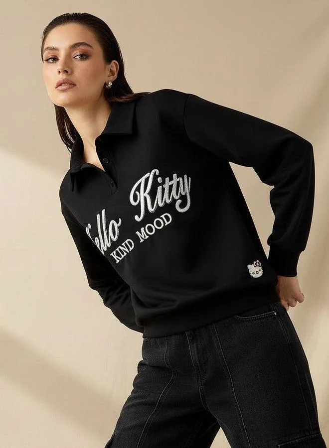 SP Characters Regular Fit Polo Sweatshirt with Hello Kitty Embroidery