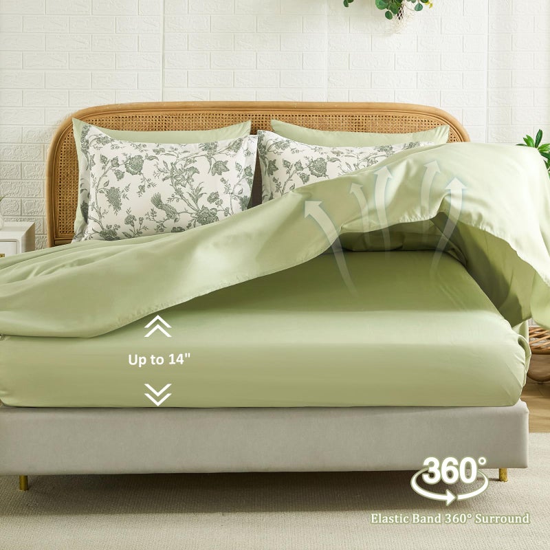 Luxudecor Floral King Comforter Set 7 Pieces Bed in a Bag, Sage Green Flower with Bird Bedding Set, Soft Reversible Comforter with Sheet Set 104"x90" - Image 5