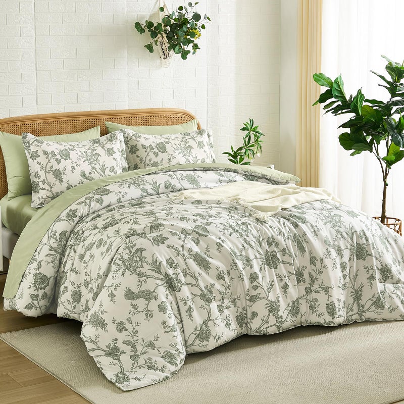 Luxudecor Floral King Comforter Set 7 Pieces Bed in a Bag, Sage Green Flower with Bird Bedding Set, Soft Reversible Comforter with Sheet Set 104"x90" - Image 2