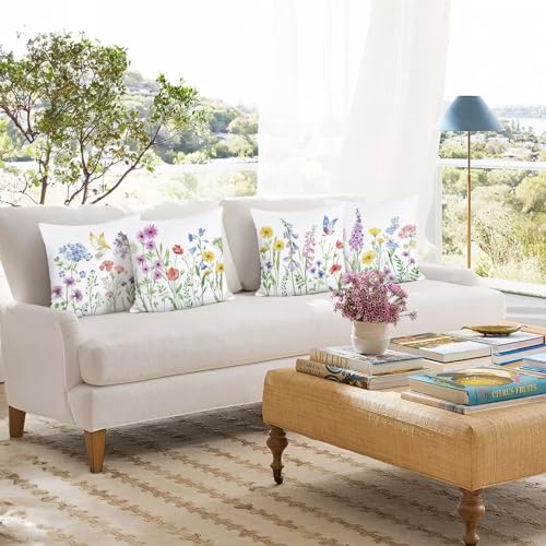 Bonhause Spring Floral Throw Pillow Covers 18 x 18 Inch Garden Flowers Birds Decorative Pillows Soft Velvet Outdoor Cushion Cases for Couch Sofa Bed Home Decor Set of 4 - Image 3