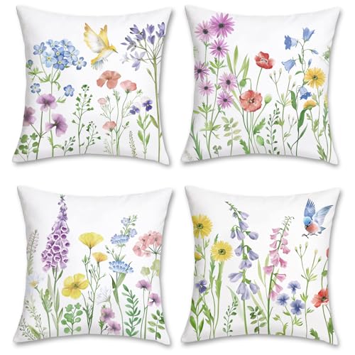 Bonhause Spring Floral Throw Pillow Covers 18 x 18 Inch Garden Flowers Birds Decorative Pillows Soft Velvet Outdoor Cushion Cases for Couch Sofa Bed Home Decor Set of 4 - Image 1
