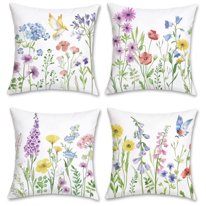 Bonhause Spring Floral Throw Pillow Covers 18 x 18 Inch Garden Flowers Birds Decorative Pillows Soft Velvet Outdoor Cushion Cases for Couch Sofa Bed Home Decor Set of 4 - Image 2