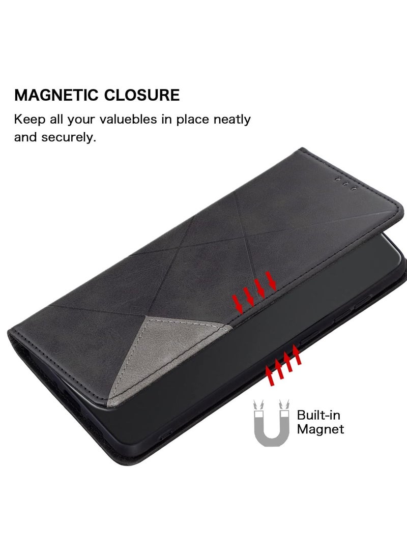 VKL Flip Case for Motorola Moto G14 4G,Rhombus Pattern Premium Leather Wallet Kickstand Magnetic Closure Cover Black - Image 4