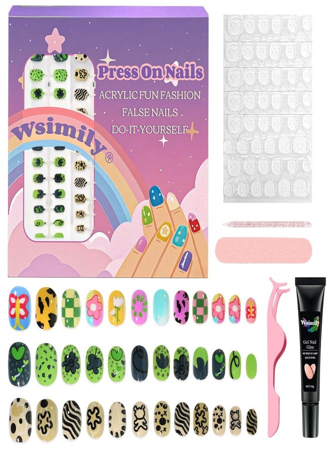 Wsimily 81 Pcs Press on Nails Kits, Wsimily 3 Pack Cute Short False Nails, Fake Nails Kit Colorful DIY Nail Art Decorations, with Jelly Nail Glue and Jelly Nail Adhesives Tools - Image 1