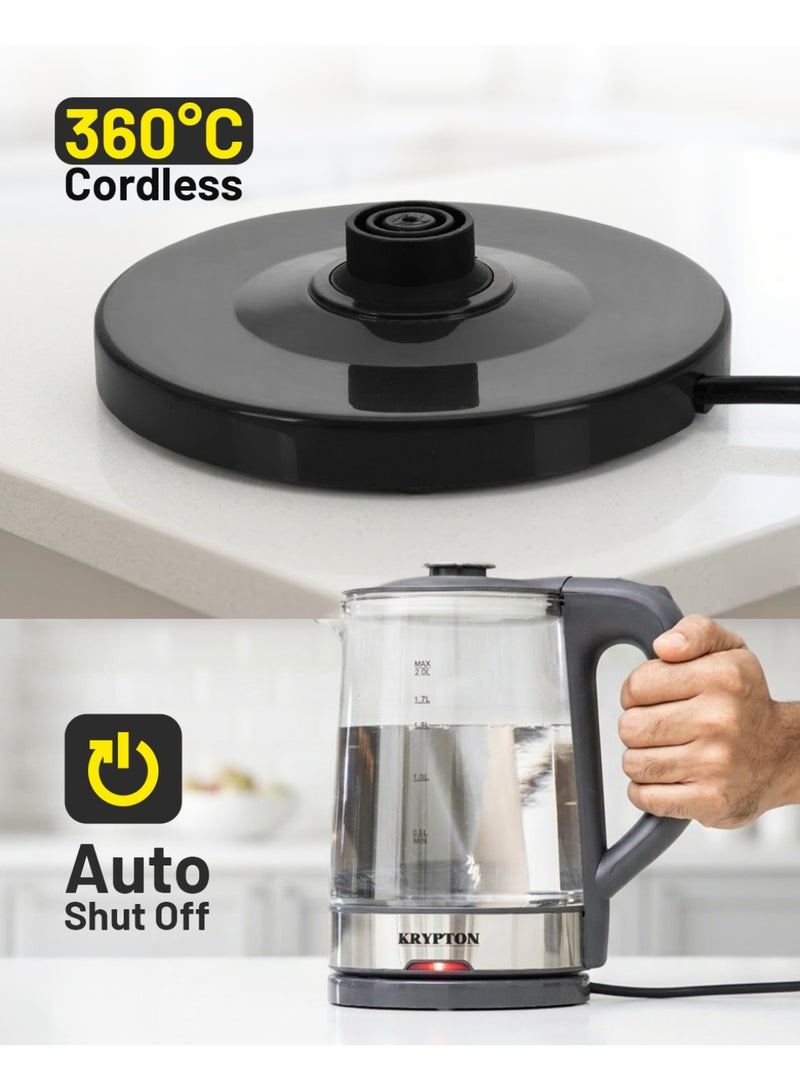 كريبتون غلاية كهربائية لاسلكية زجاجية سعة 2 لتر 2 L 1500 W KNK6221 أسود/فضي - Image 5