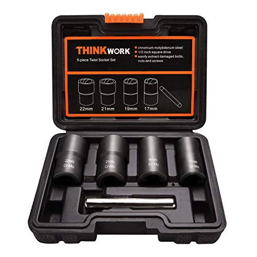 THINKWORK 1/2 Inch Drive Lug Nut Removal Tool, 5-Piece Wheel Lock Removal Kit, Lug Nut Remover for Stripped, Rounded, Damaged, Frozen, Rusted Bolts - Image 1