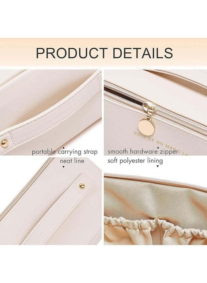 حقيبة سفر جلدية للمكياج وأدوات النظافة، منظم ذو سعة كبيرة لمستحضرات التجميل، تصميم مفتوح ومسطح (وردي) - Image 3