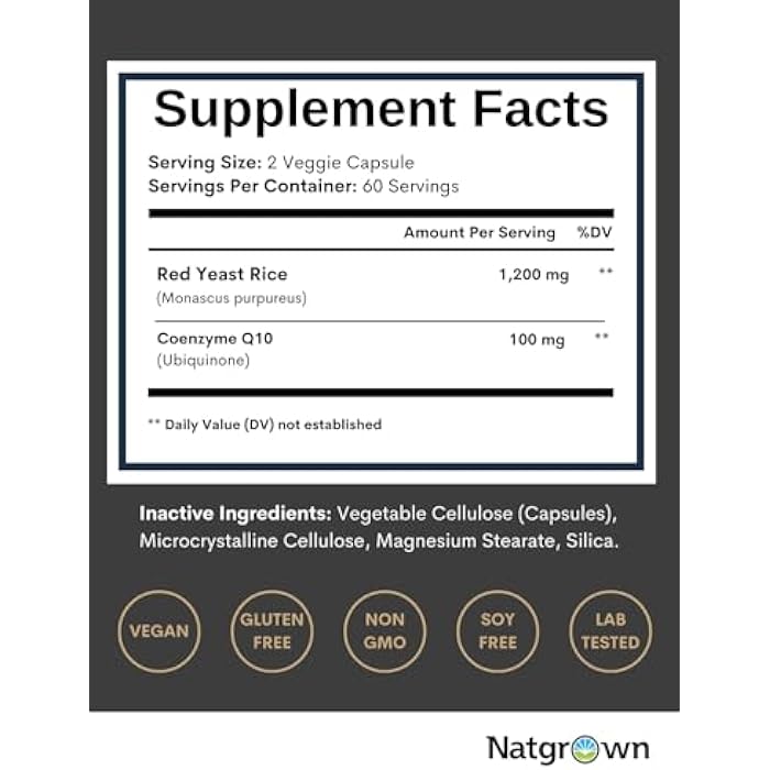 Natgrown Red Yeast Rice 1200 mg with CoQ10 100 mg - Supports Healthy Cholesterol Levels & Heart Health Support - Herbal Supplement for Men & Women - Vegan, Non-GMO - 120 Capsules - Image 2