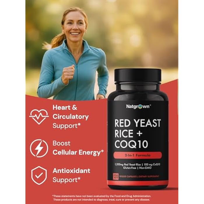 Natgrown Red Yeast Rice 1200 mg with CoQ10 100 mg - Supports Healthy Cholesterol Levels & Heart Health Support - Herbal Supplement for Men & Women - Vegan, Non-GMO - 120 Capsules - Image 3