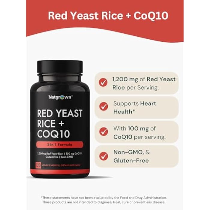 Natgrown Red Yeast Rice 1200 mg with CoQ10 100 mg - Supports Healthy Cholesterol Levels & Heart Health Support - Herbal Supplement for Men & Women - Vegan, Non-GMO - 120 Capsules - Image 4