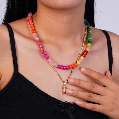 LALAPPLE Colorful Beaded Gemstone Necklace for Women, Boho Rainbow Bead Choker with Natural Stone Crystal Beads, Handmade Summer Beach Necklace Jewelry - Image 3
