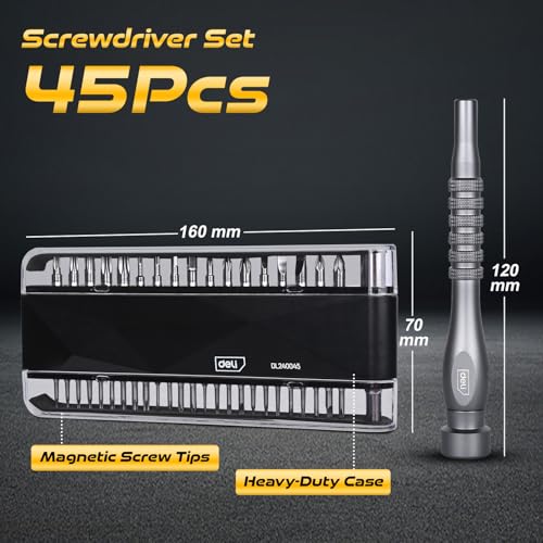Deli DL240045 45 Pc Screwdriver Set Magnetic Screwdriver with 42 Bits 2 Adaptors 1 Handle Storage Box & Pouch Multipurpose Precision Repair Toolkit for Repair DIY Carpentry Electric (Set of 1) - Image 2