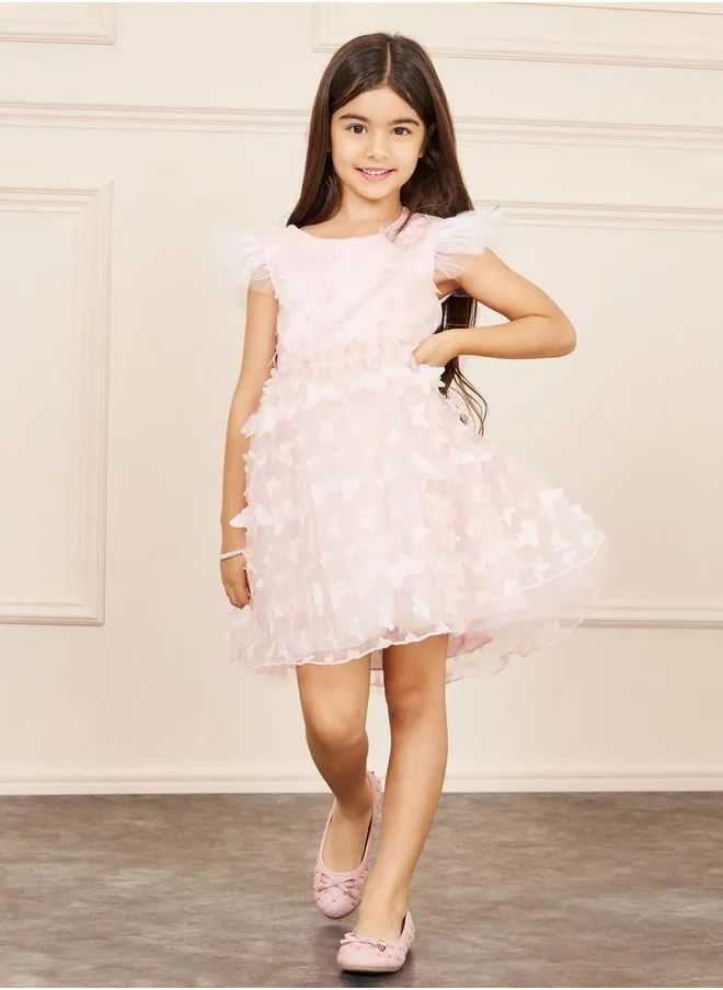 Styli Butterfly Applique Faux Feather Ruffle Sleeves Sleeve V Back Skater Dress