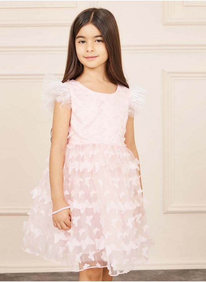 Styli Butterfly Applique Faux Feather Ruffle Sleeves Sleeve V Back Skater Dress  - Image 3