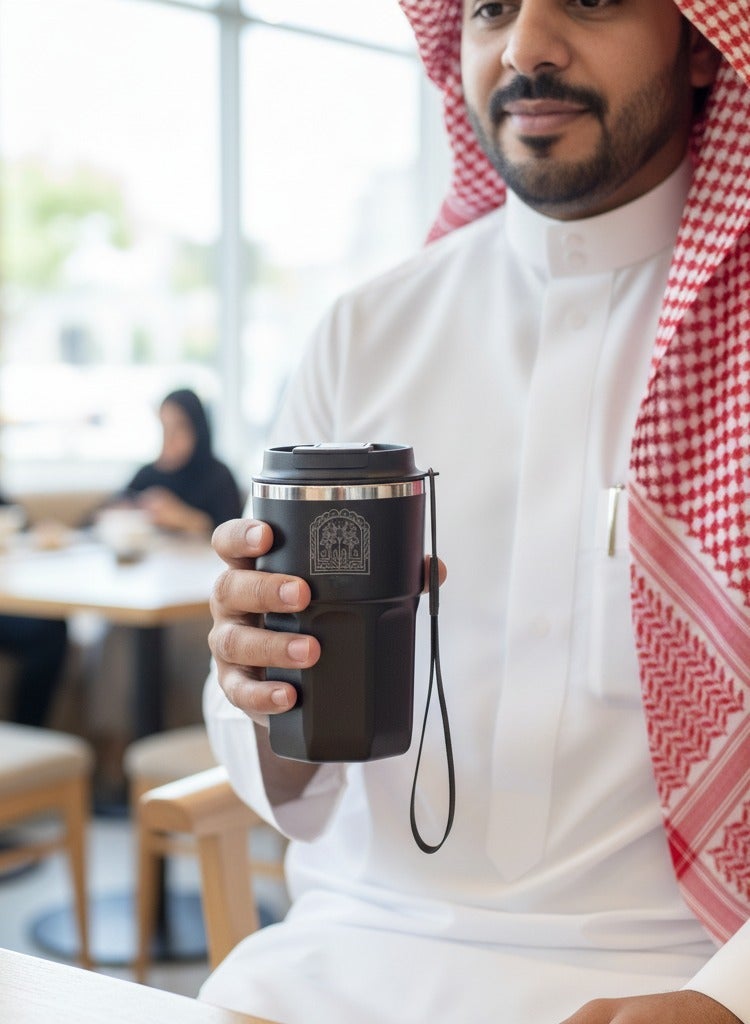 معزول السفر القدح القهوة، الفولاذ المقاوم للصدأ الترمس كأس مع حزام، شجرة النخيل نمط - Image 4