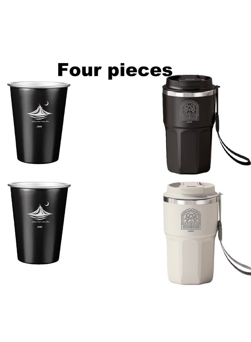 معزول السفر القدح القهوة، الفولاذ المقاوم للصدأ الترمس كأس مع حزام، شجرة النخيل نمط - Image 1