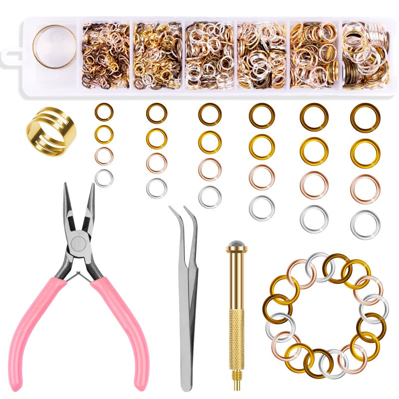 TOROKOM 1014 Pcs Nail Art Dangle Charms Piercing Tool Hand Drill 6 Sizes 4 Colors Open Jump Rings for Jewelry Making with Jump Ring Opener Nail Charms Nail Jewelry Rings with Pliers and Tweezers