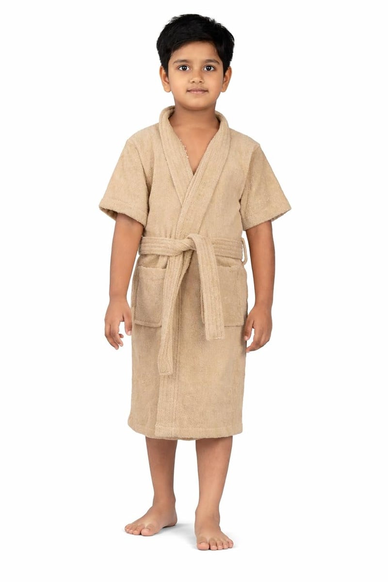 Rangoli Mini Noble 100% Cotton Kids Bathrobe, 400 GSM | Ultra-Soft, Super Absorbent Hooded Bathrobe for Boys and Girls | Beige 13 to 14 Years - Image 1