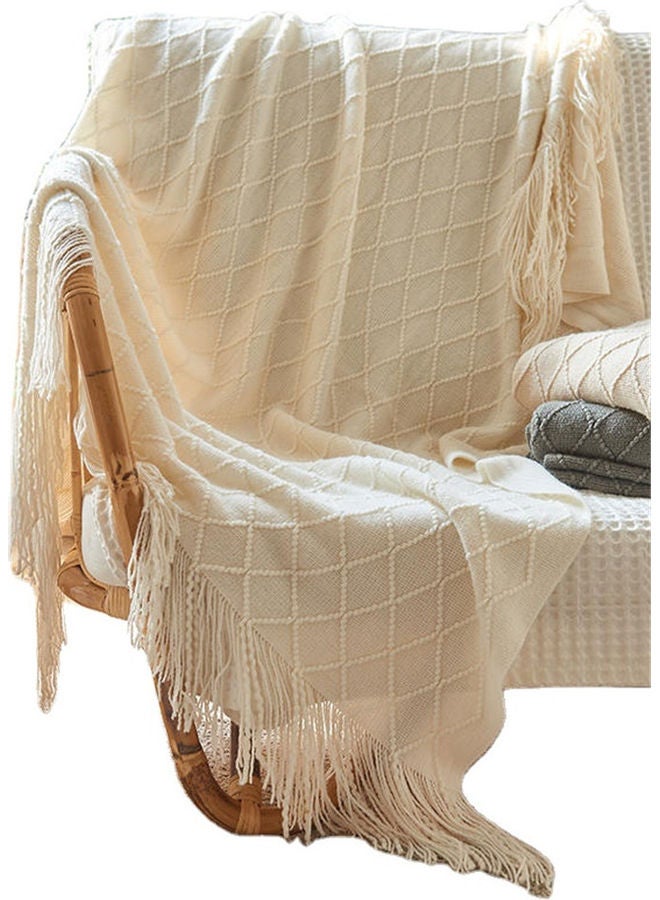 Tassel Design Soft Blanket Keep Warm Cotton White 127 x 172cm - Image 3