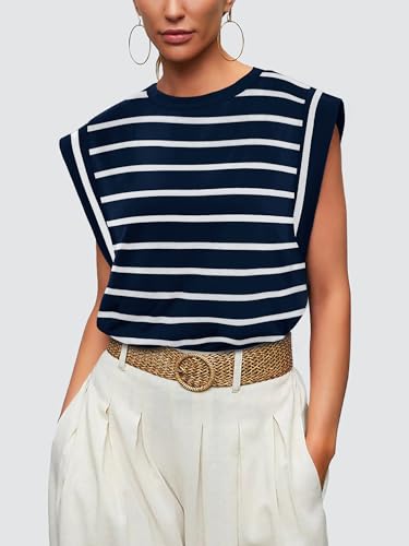 WIHOLL Womens Tank Tops Navy Blue and White Striped Tshirts Basic Tees Business Casual Outfits Flowy Sleeveless Top Spring Summer Beach Vacation Clothes 2025 M - Image 2