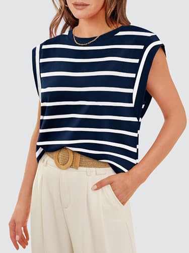 WIHOLL Womens Tank Tops Navy Blue and White Striped Tshirts Basic Tees Business Casual Outfits Flowy Sleeveless Top Spring Summer Beach Vacation Clothes 2025 M - Image 3