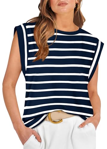 WIHOLL Womens Tank Tops Navy Blue and White Striped Tshirts Basic Tees Business Casual Outfits Flowy Sleeveless Top Spring Summer Beach Vacation Clothes 2025 M - Image 1