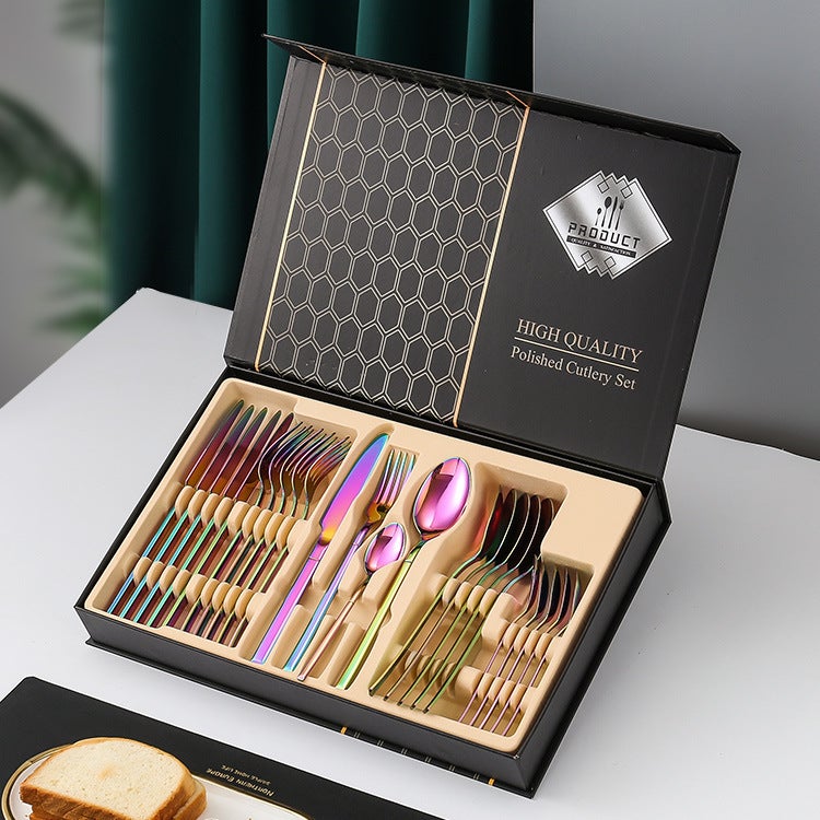 24-Piece Stainless Steel Western Dinnerware Set with Gold-Finish Storage Rack - Perfect Gift for Adults
