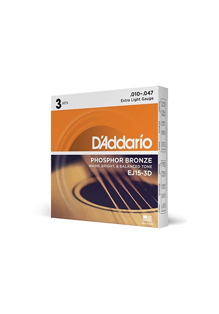 D'Addario Phosphor Bronze Acoustic Guitar Strings - EJ15-3D - Extra Light 10-47, 3-Pack - Image 1