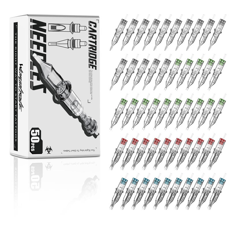 Wormhole Tattoo 50Pcs Tattoo Needles Long Taper Assorted Disposable Tattoo Cartridge Needles Mixed 5RL 7RL 9RL 5RS 7RS 9RS 15M1 21M1 15RM 21RM Round Liner Shader Magnum Round Magnum - Image 1