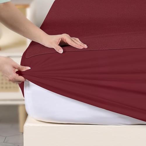 9villa 100% Waterproof Premium Cotton Feel Mattress Protector | Ultra Soft Breathable & Hypoallergenic Fitted Bed Protector Terry Cover (Maroon, Single Bed 72 x 36,6 x 3 Feet) - Image 1