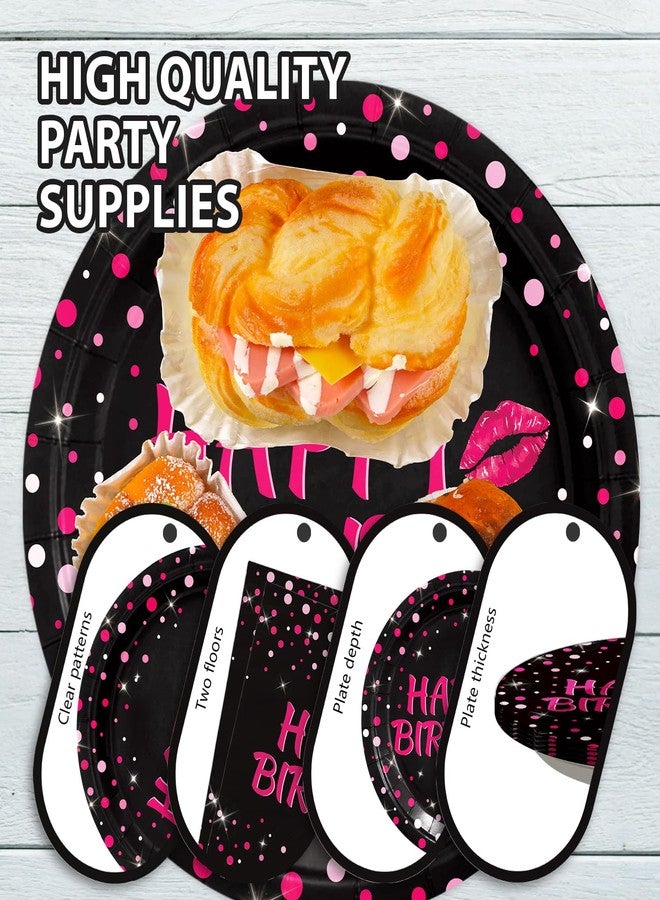 Grencian 96Pcs Hot Pink and Black Birthday Party Supplies Hot Pink Dots on Black Paper Plates and Napkins Disposable Happy Birthday Tableware Set for Women Black and Pink Birthday Decorations Serves24 - Image 4
