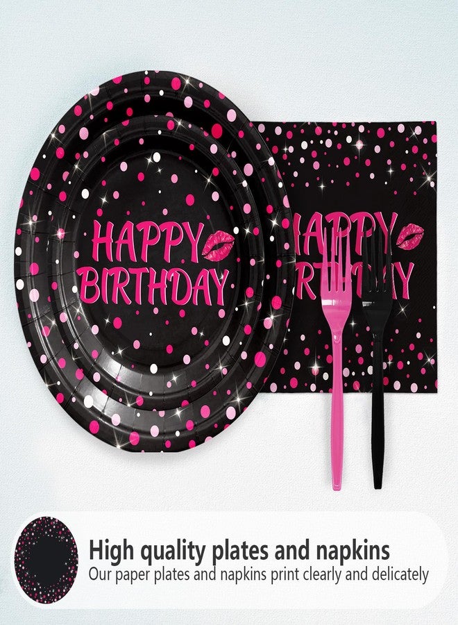 Grencian 96Pcs Hot Pink and Black Birthday Party Supplies Hot Pink Dots on Black Paper Plates and Napkins Disposable Happy Birthday Tableware Set for Women Black and Pink Birthday Decorations Serves24 - Image 3