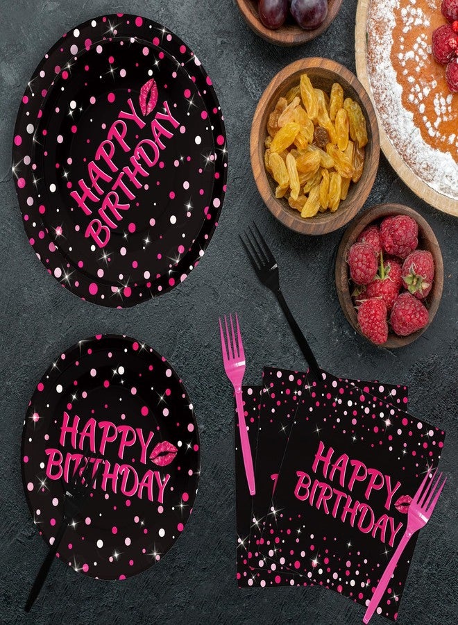 Grencian 96Pcs Hot Pink and Black Birthday Party Supplies Hot Pink Dots on Black Paper Plates and Napkins Disposable Happy Birthday Tableware Set for Women Black and Pink Birthday Decorations Serves24 - Image 5