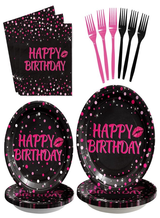 Grencian 96Pcs Hot Pink and Black Birthday Party Supplies Hot Pink Dots on Black Paper Plates and Napkins Disposable Happy Birthday Tableware Set for Women Black and Pink Birthday Decorations Serves24 - Image 1