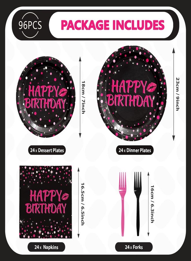 Grencian 96Pcs Hot Pink and Black Birthday Party Supplies Hot Pink Dots on Black Paper Plates and Napkins Disposable Happy Birthday Tableware Set for Women Black and Pink Birthday Decorations Serves24 - Image 2