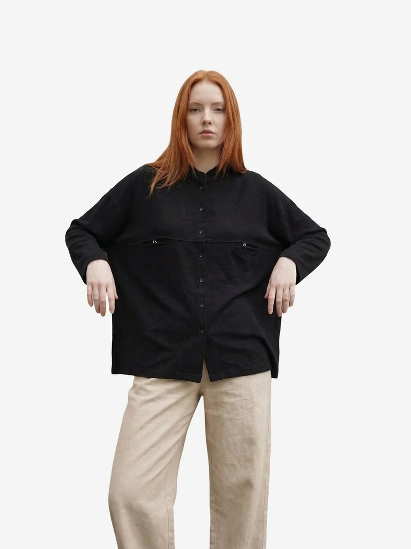 My Fashion Black MY FASHION Oversized Linen-Blend Long Sleeve Shirt for Women | Best Price UAE