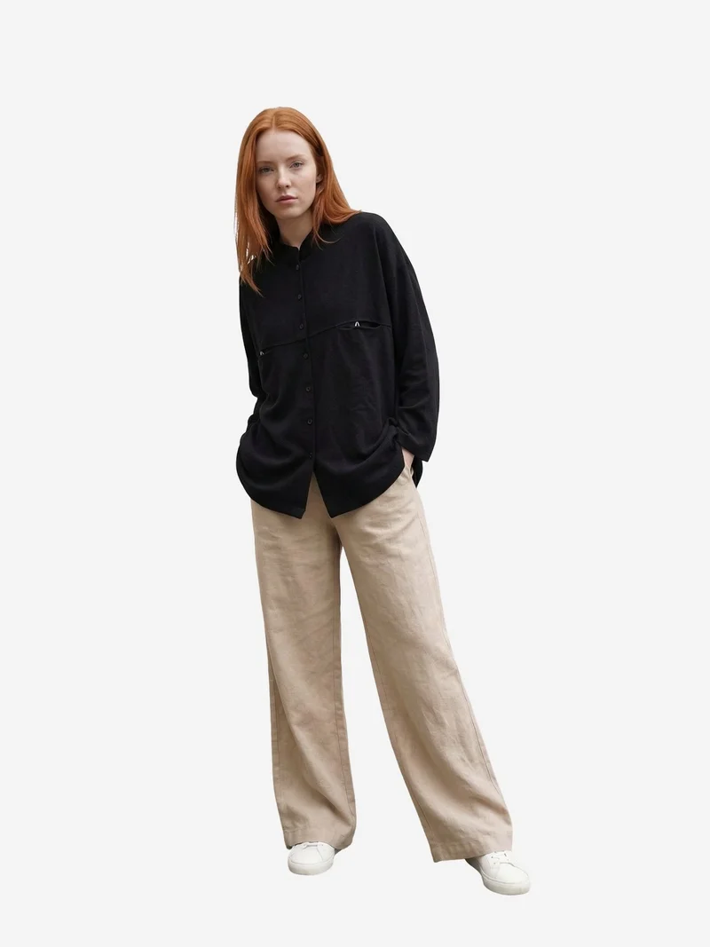 MY FASHION MY FASHION Oversized Linen-Blend Long Sleeve Shirt