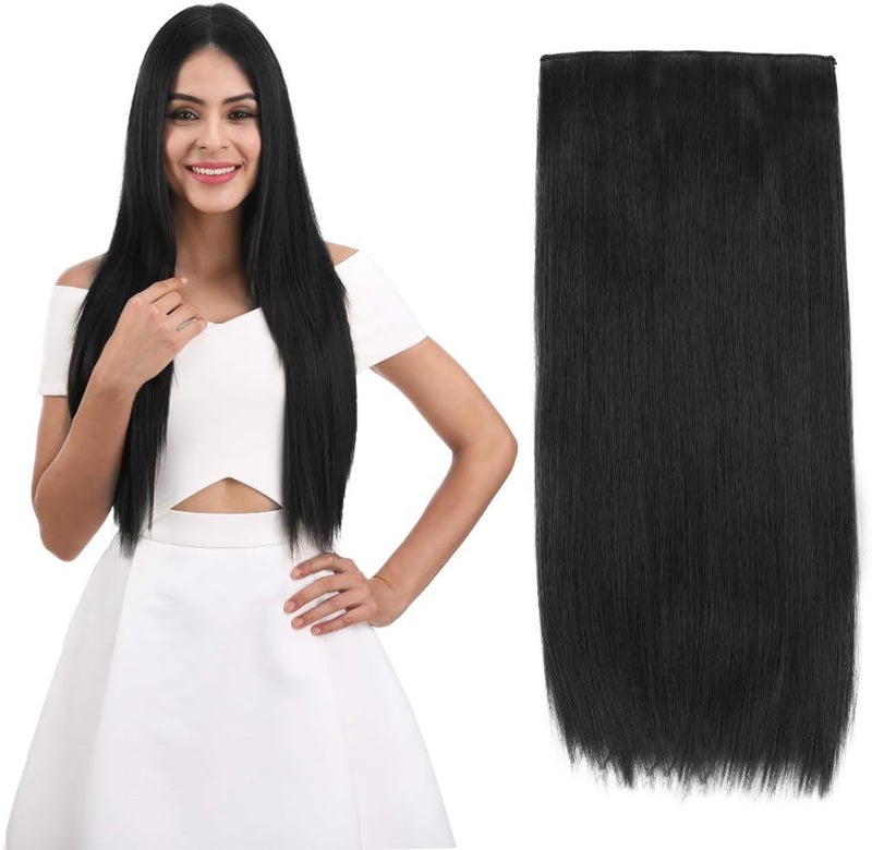 REECHO 24" Straight Clips in hair extensions Clips on Hairpieces Synthetic Hair Extensions for Women 5 Clips per Piece - Natural Black - Image 1