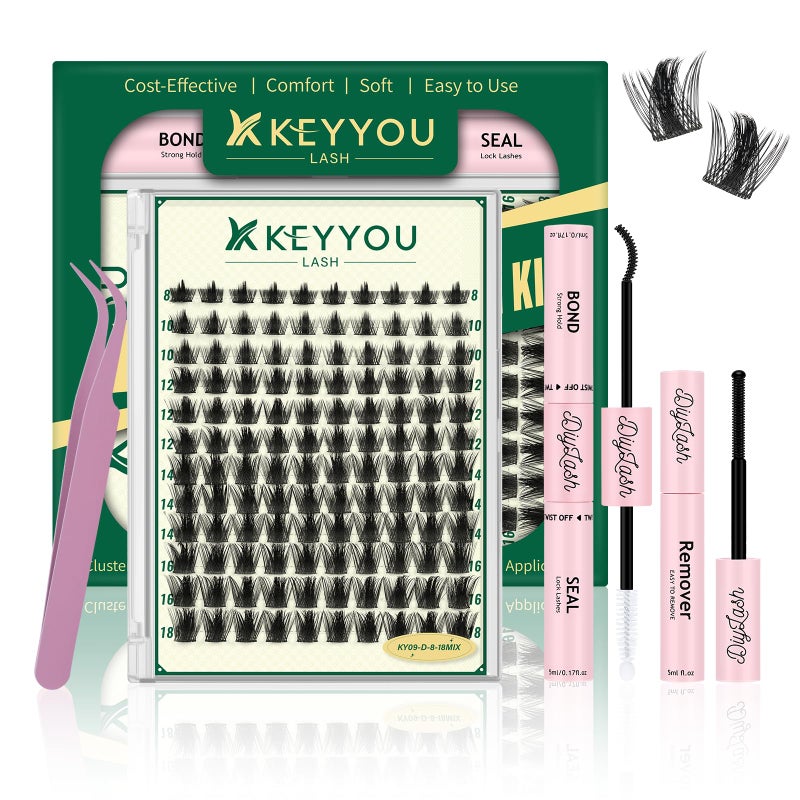 KEYYOULASH Lash Clusters Kit Spiky 120pcs 8-18MIX Lash Extension Kit Volume Lash Clusters D Curl with Bond and Seal,Remover,Applicators for DIY Manga Eyelash Clusters at Home (KY09 Kit) - Image 1