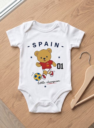 FIFA Spain Football Printed Unisex Baby Onesie, Little Champion Teddy Graphic, Soft Cotton Infant Bodysuit - White