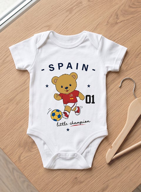 FIFA Spain Football Printed Unisex Baby Onesie, Little Champion Teddy Graphic, Soft Cotton Infant Bodysuit - White