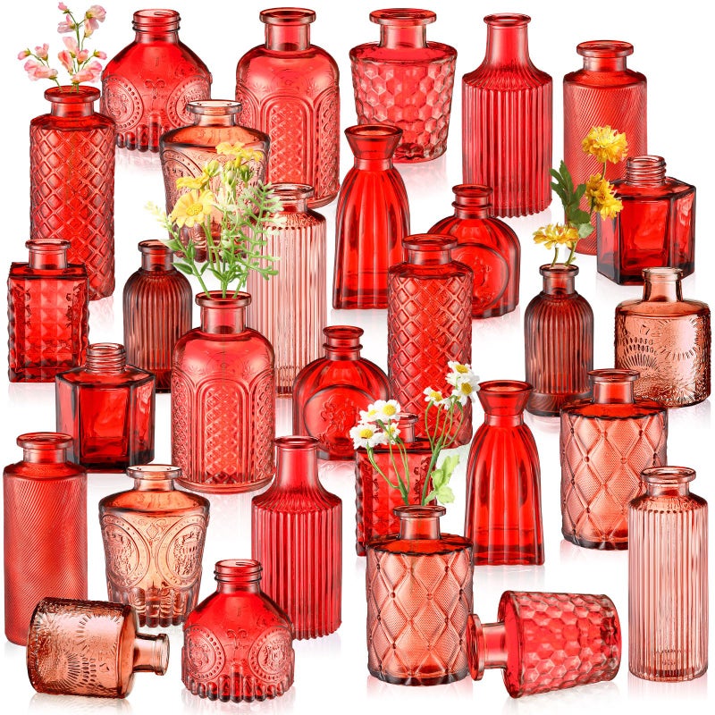 Yaomiao 30 Pcs Vases Bulk Colored Flower Glass Bud Vases Valentine Vintage Colored Glass Bottles Colorful Rustic Embossed for Home Wedding Table Decorations Gifts (Red Series) - Image 1