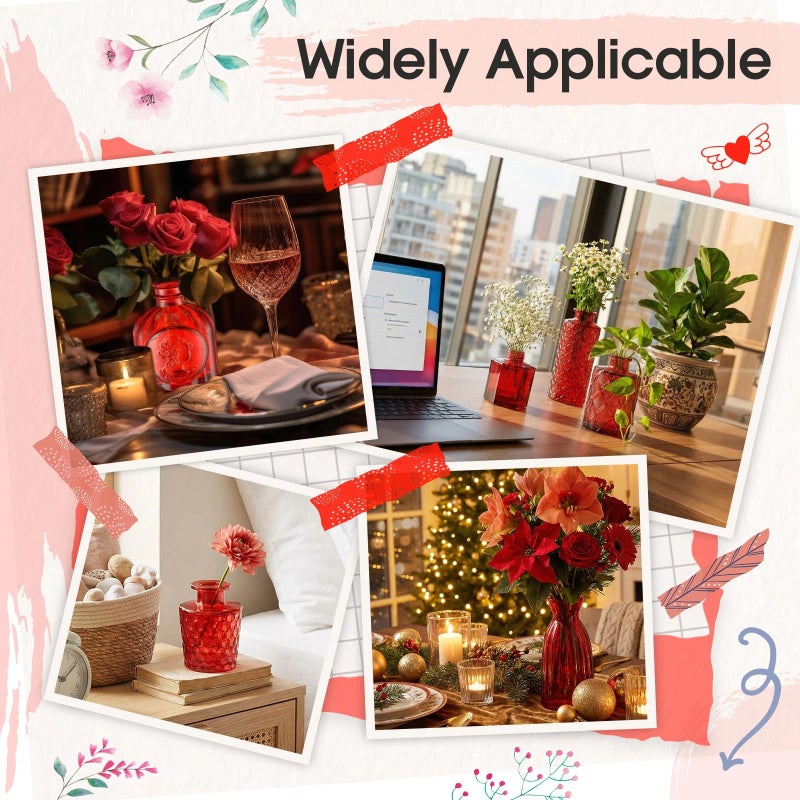 Yaomiao 30 Pcs Vases Bulk Colored Flower Glass Bud Vases Valentine Vintage Colored Glass Bottles Colorful Rustic Embossed for Home Wedding Table Decorations Gifts (Red Series) - Image 3
