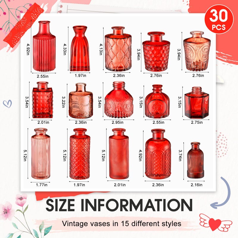 Yaomiao 30 Pcs Vases Bulk Colored Flower Glass Bud Vases Valentine Vintage Colored Glass Bottles Colorful Rustic Embossed for Home Wedding Table Decorations Gifts (Red Series) - Image 2