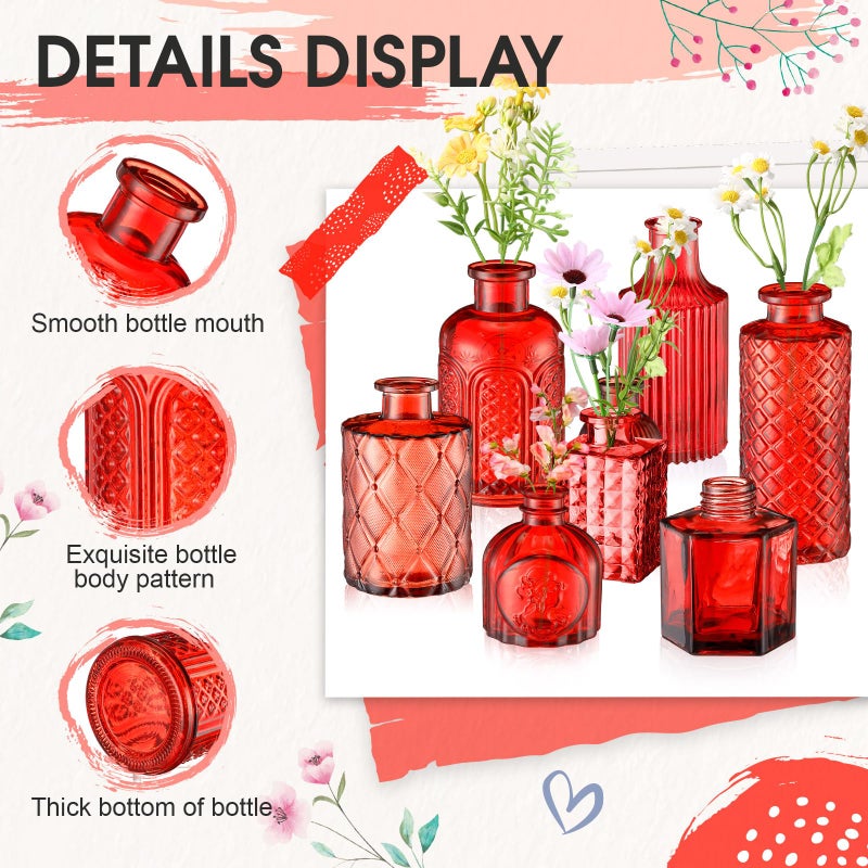 Yaomiao 30 Pcs Vases Bulk Colored Flower Glass Bud Vases Valentine Vintage Colored Glass Bottles Colorful Rustic Embossed for Home Wedding Table Decorations Gifts (Red Series) - Image 4