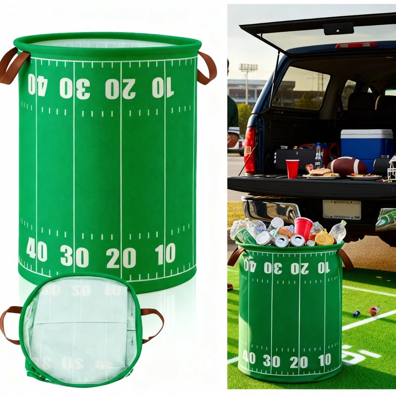 Remerry 2 Pcs Football Trash Can 17.7 x 13.8 Inch Portable Foldable Garbage Can Fabric Trash Basket with Handles for Outdoor Camping Football Party Favors Tailgates Game Day - Image 1