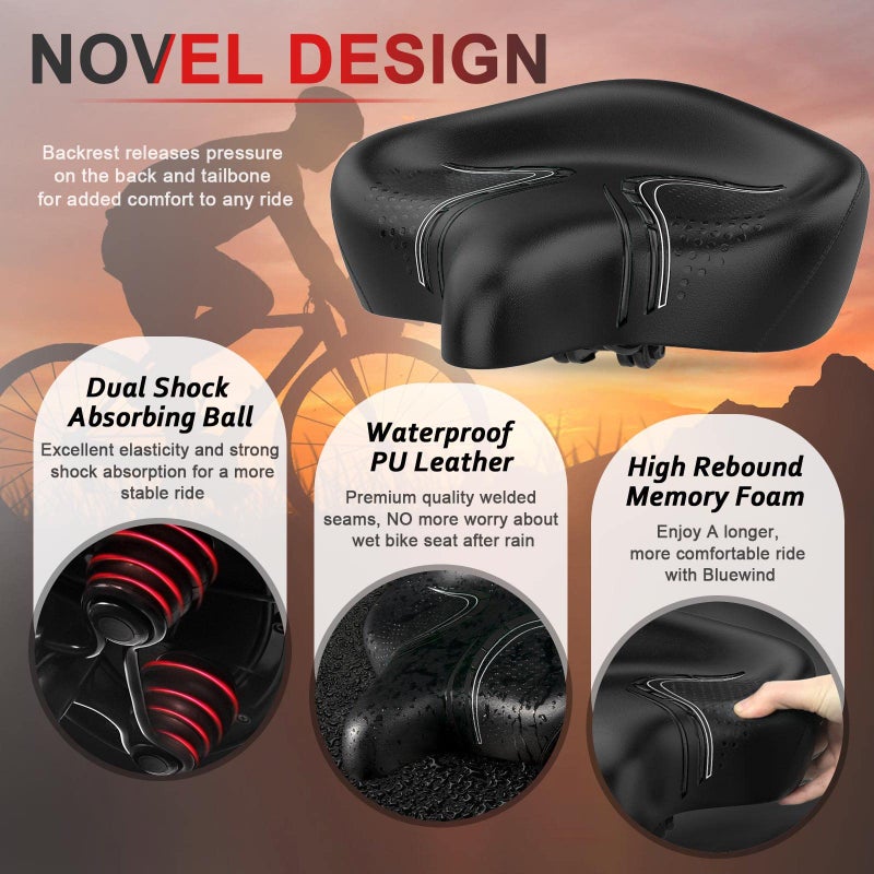 BLUEWIND Oversized Bike Seat, Wide Bicycle Saddle Novel Backrest Design for Electric Bike, Universal Fit Exercise or Road Stationary Bike Seat Cushion for Men & Women (Black) - Image 2